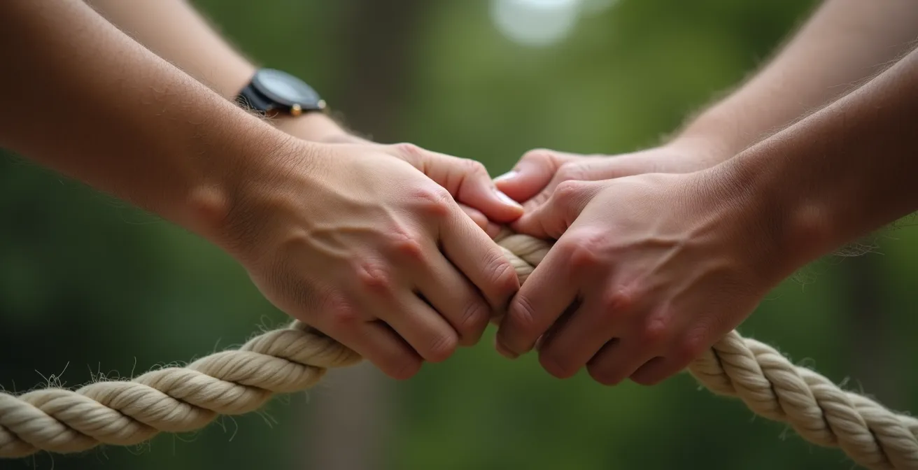 Gros plan de mains d'équipe tenant ensemble une corde épaisse