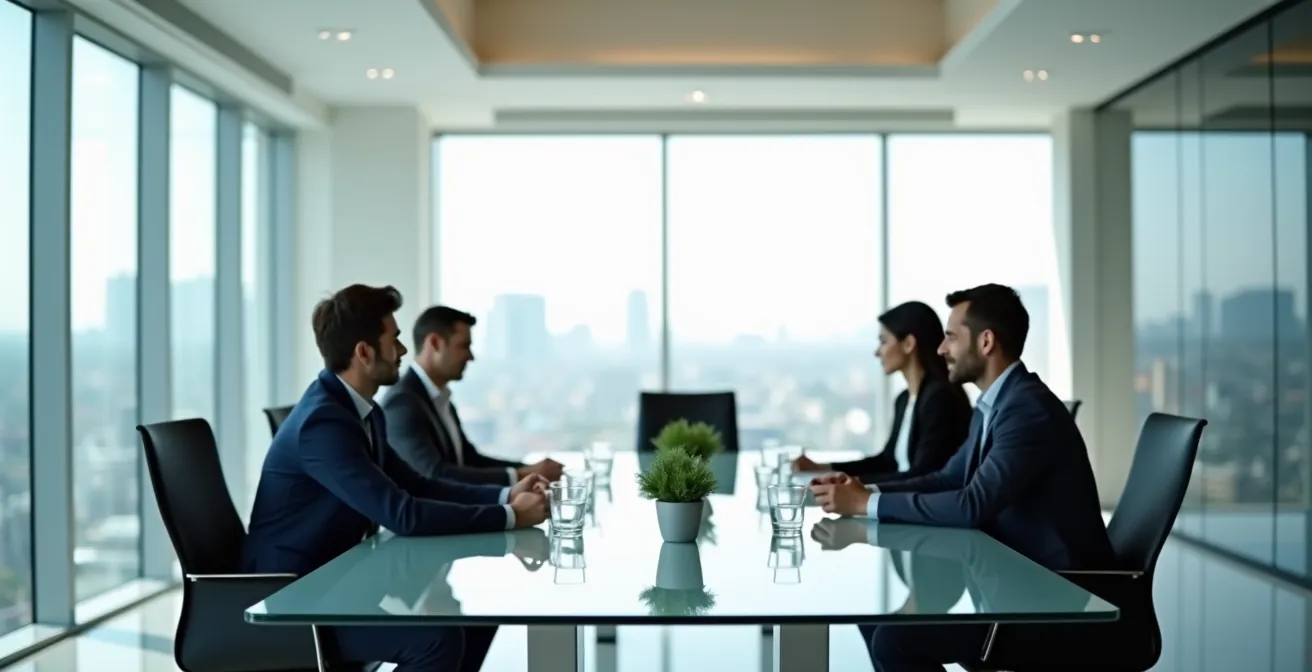 Réunion de décideurs dans un espace lumineux avec vue panoramique
