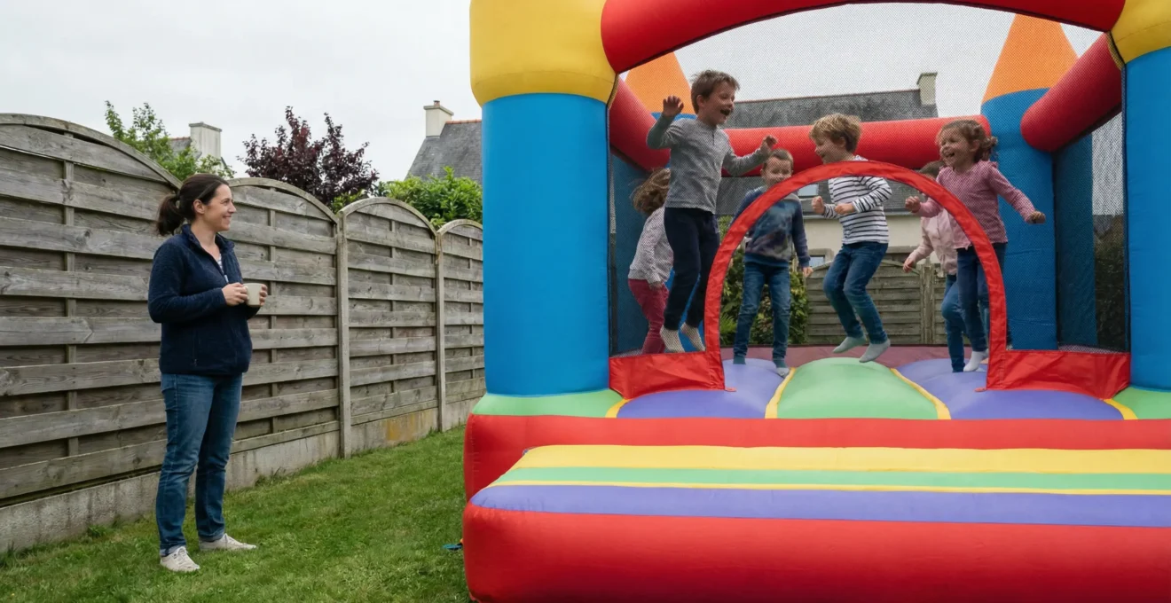 Château gonflable coloré installé dans un jardin vendéen avec enfants jouant sous surveillance parentale