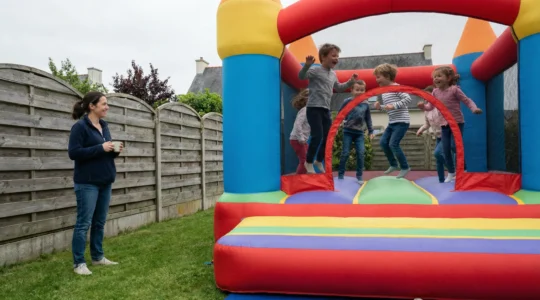 Château gonflable coloré installé dans un jardin vendéen avec enfants jouant sous surveillance parentale