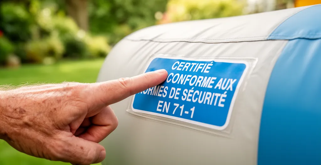 Main adulte désignant une étiquette de conformité sur une structure gonflable dans un jardin