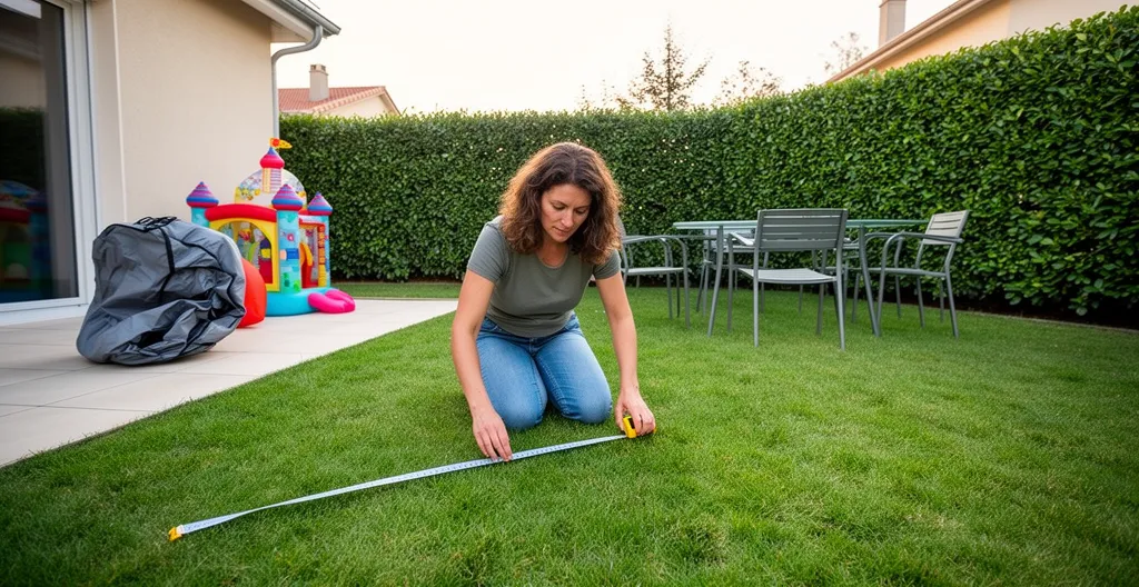 Parent mesurant les dimensions de son jardin vendéen avec un mètre ruban pour installation de structure gonflable